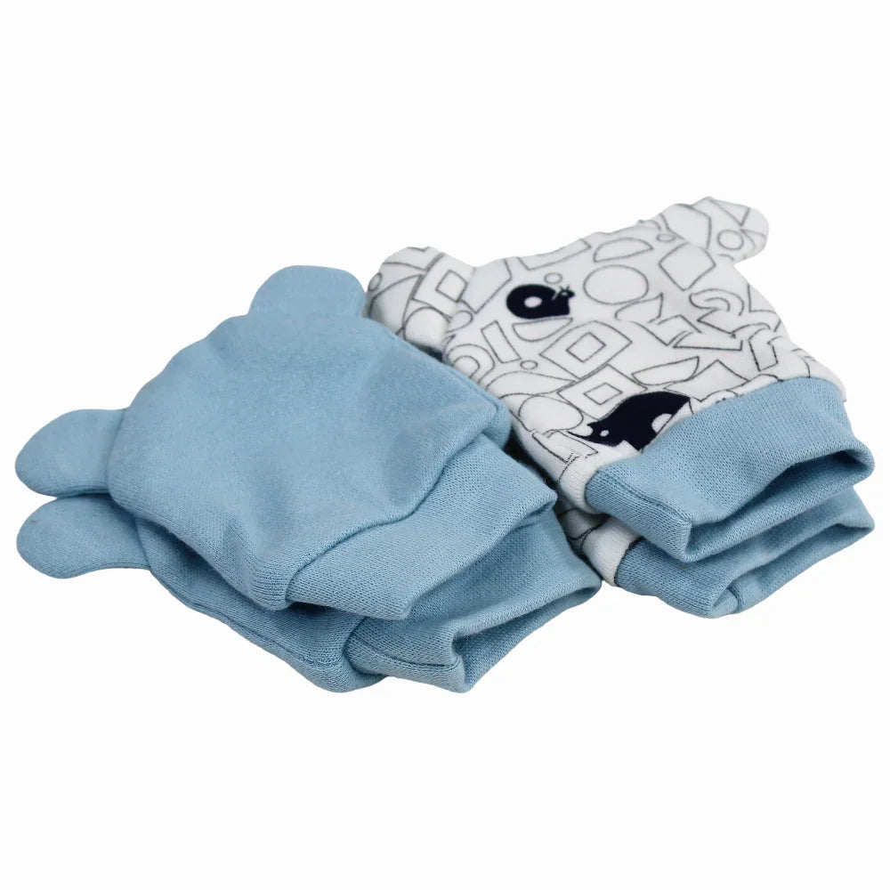 Baby Boys Cotton Hand Mittens – Blue & Off-White with a Cute Print (2Pcs)