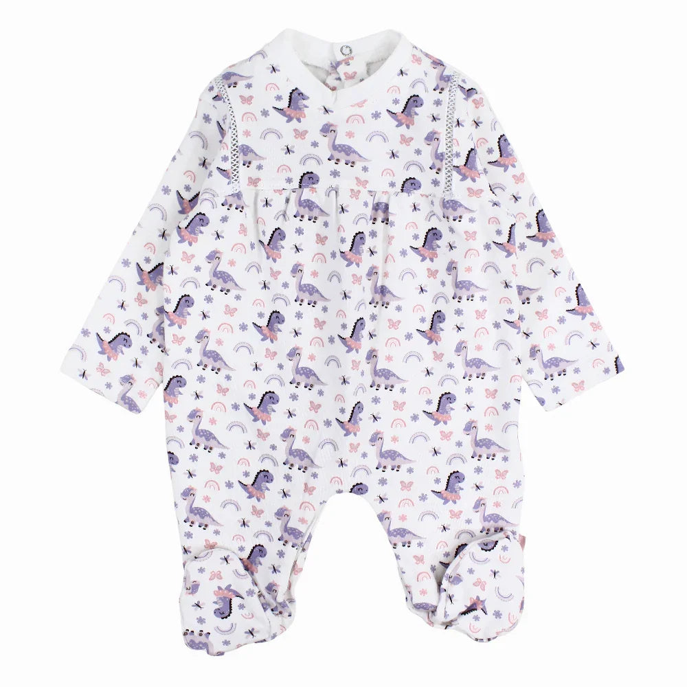Baby Girls Cotton Baby Footie – Off-White with Dino Print