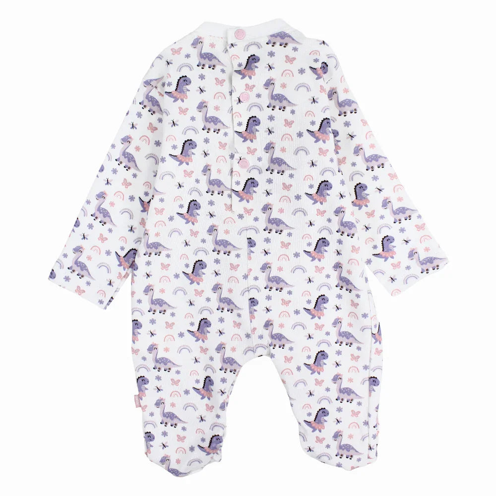 Baby Girls Cotton Baby Footie – Off-White with Dino Print