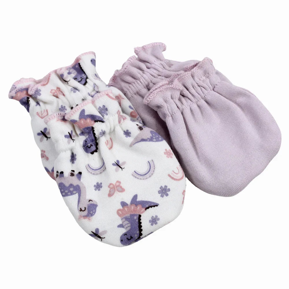 Baby Girls Cotton Hand Mittens - Purple With Dino Print (2Pcs)