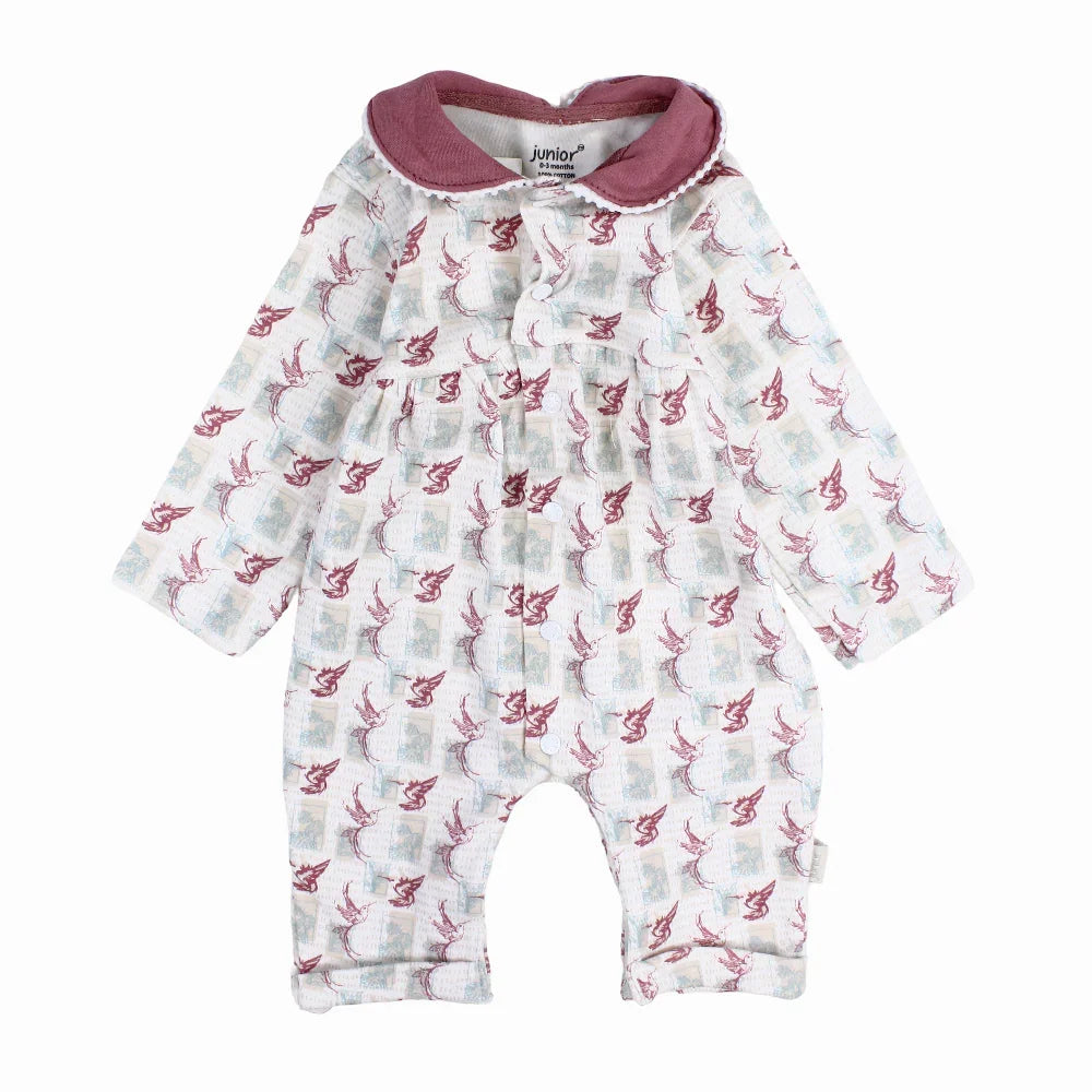 Baby Girls Cotton Footless Onesie  – Off-White with Birds Print