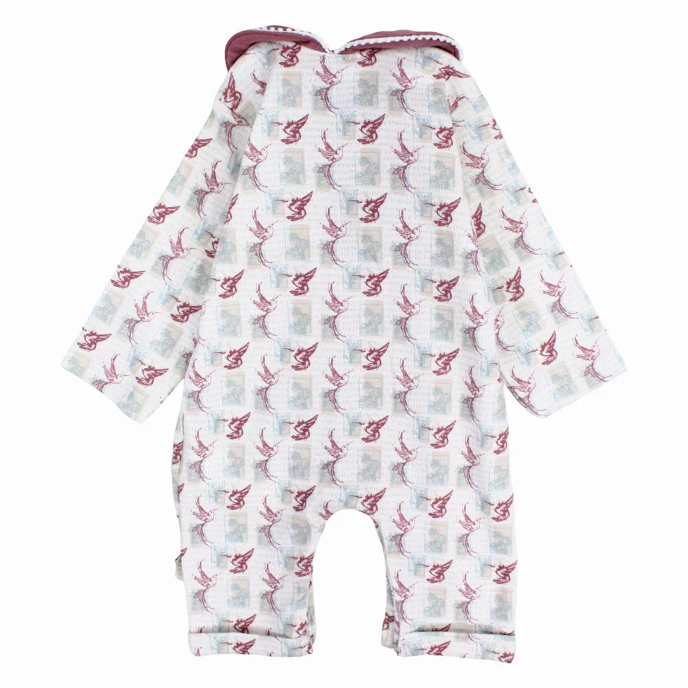 Baby Girls Cotton Footless Onesie  – Off-White with Birds Print
