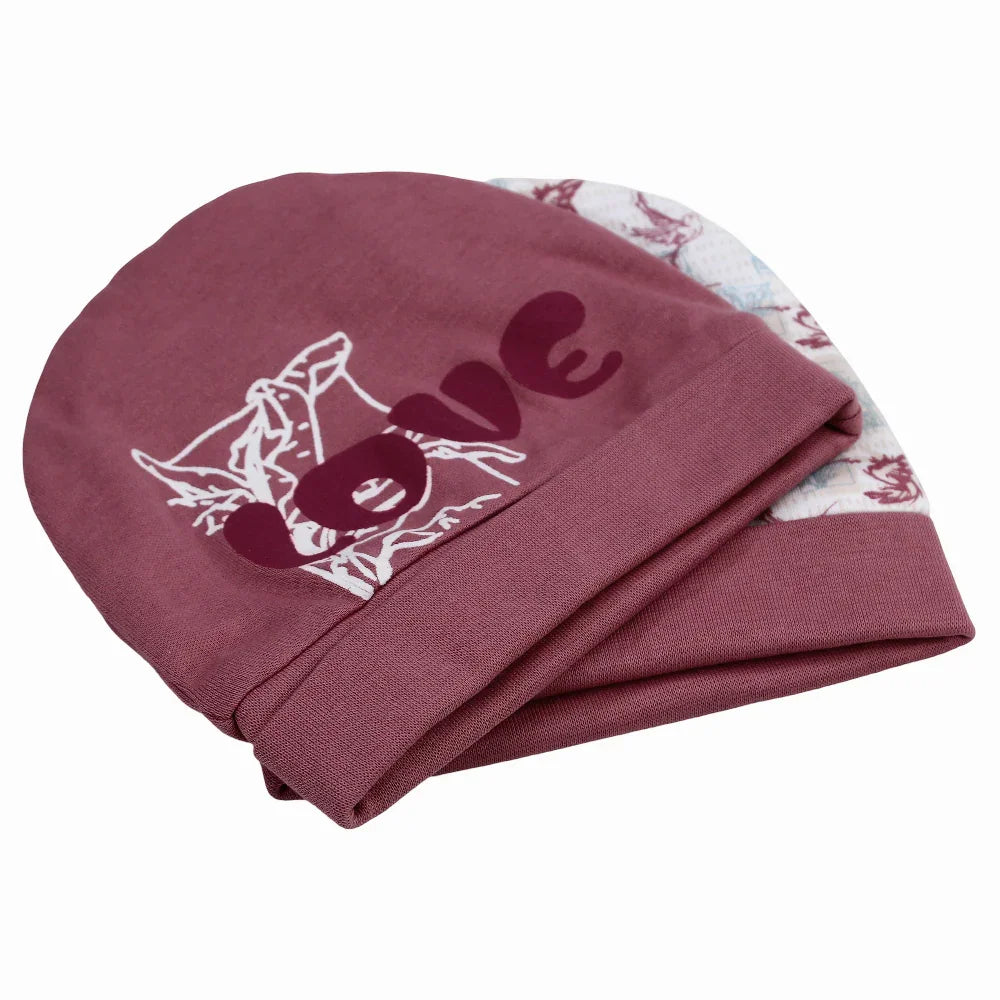 Baby Girls Cotton Beanie - Dusty Pink With Love Birds Print (2Pcs)