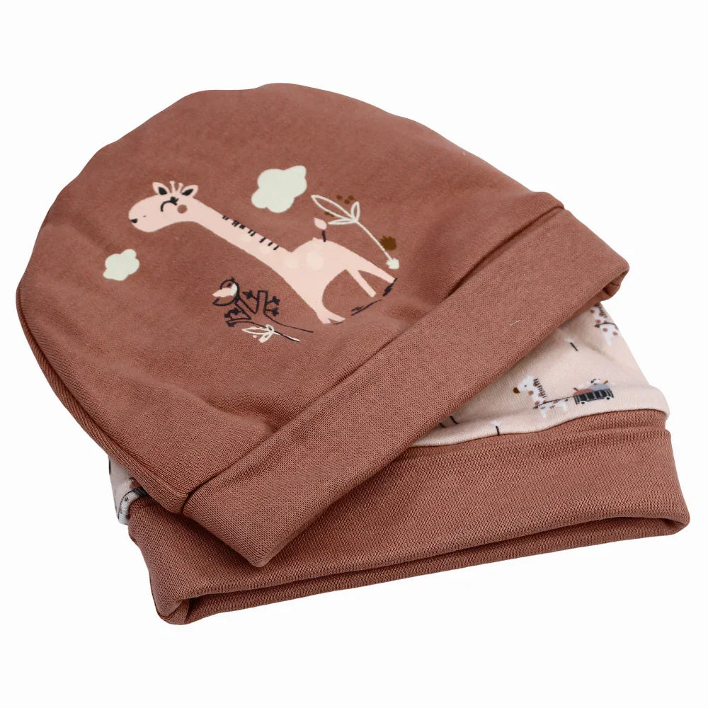 Baby Girls Cotton Beanie - Dusty Pink with Giraffe Print (2Pcs)