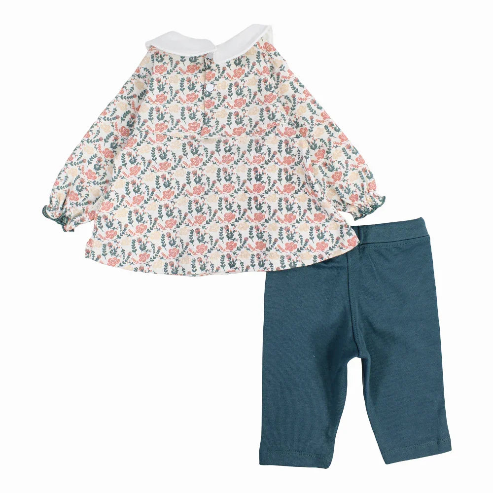 Baby Girls Cotton Pajama Set – Beige with Flowers Print
