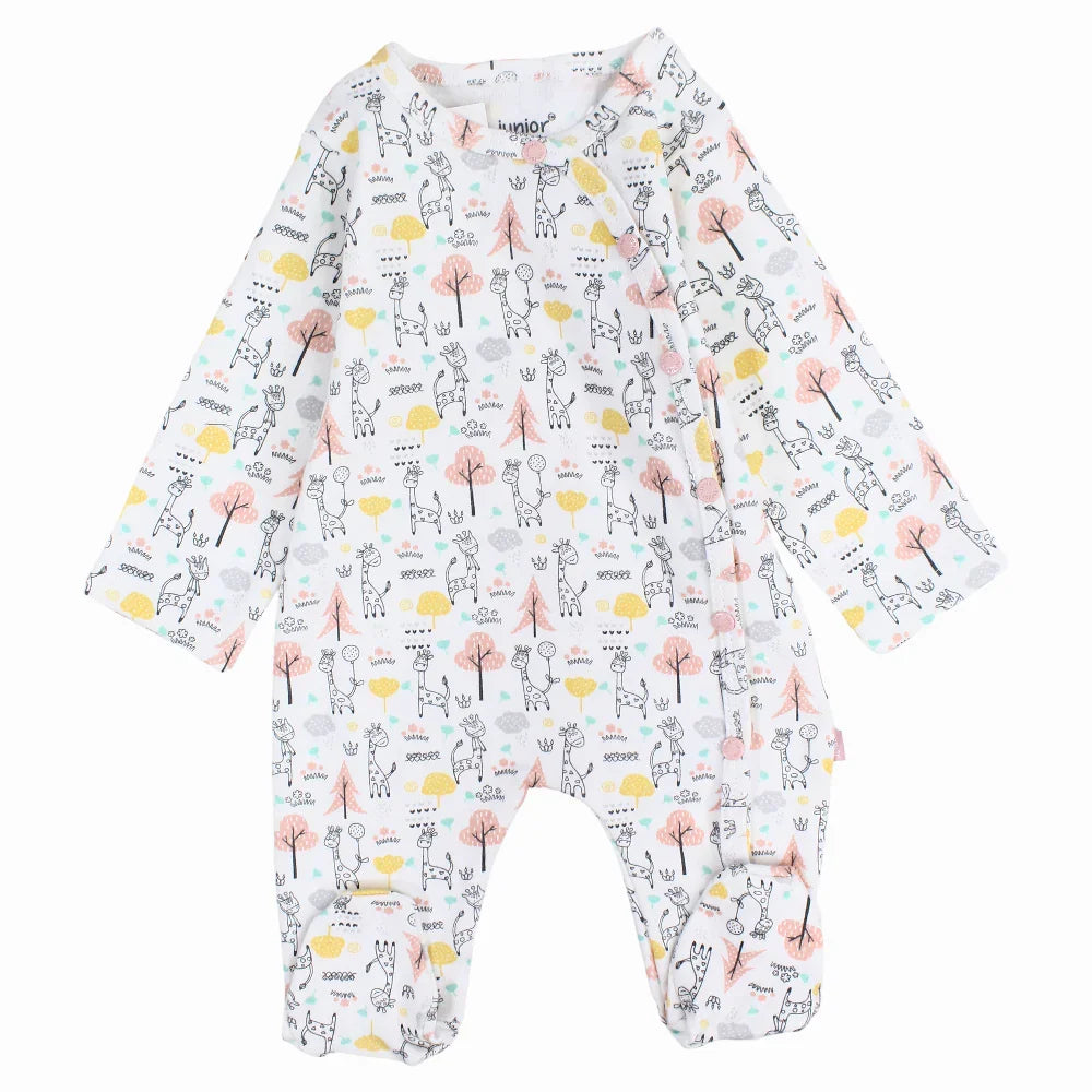 Baby Girls Cotton Baby Footie – Off-White with Giraffe and Trees Print