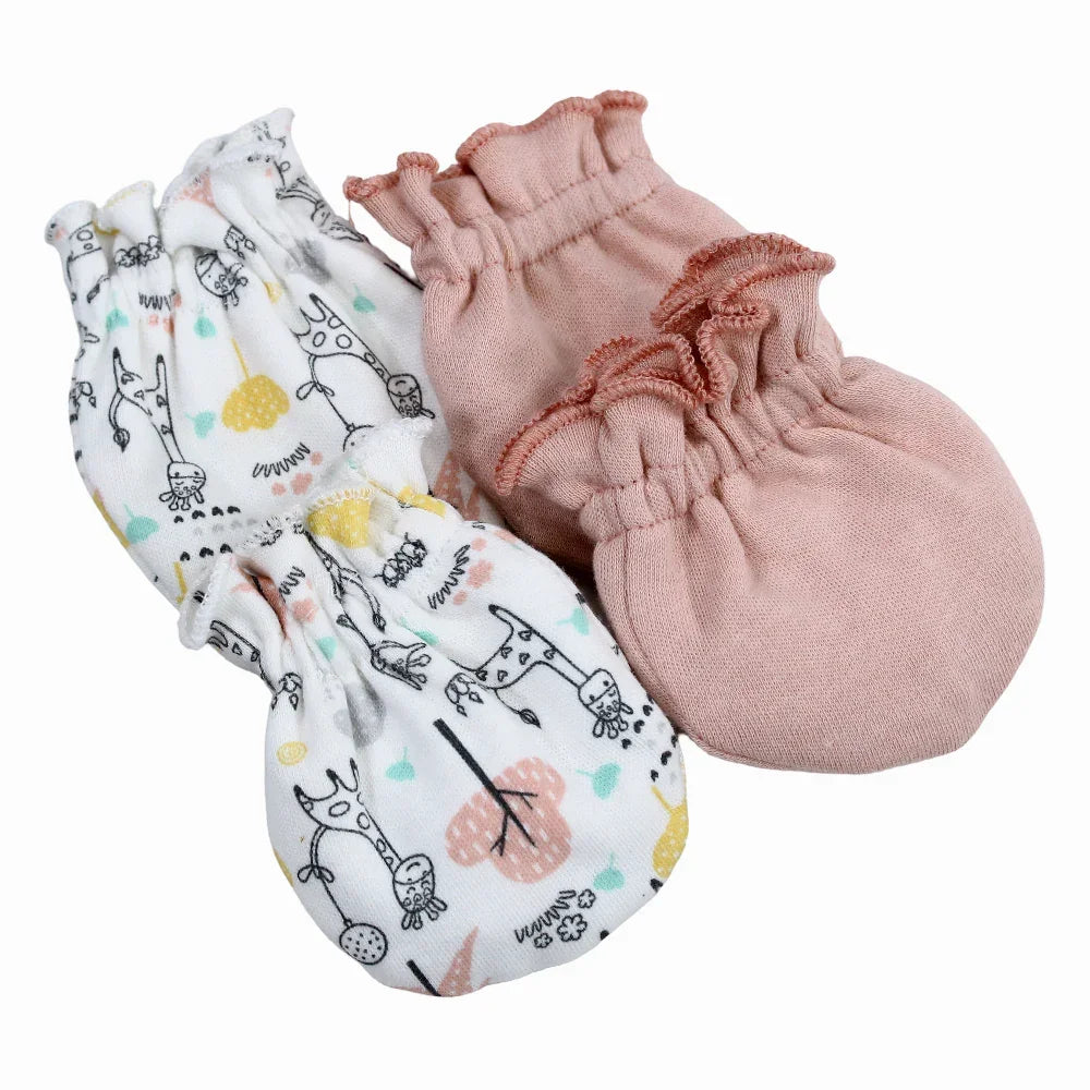 Baby Girls Cotton Hand Mittens - Pink with Cute Print (2Pcs)