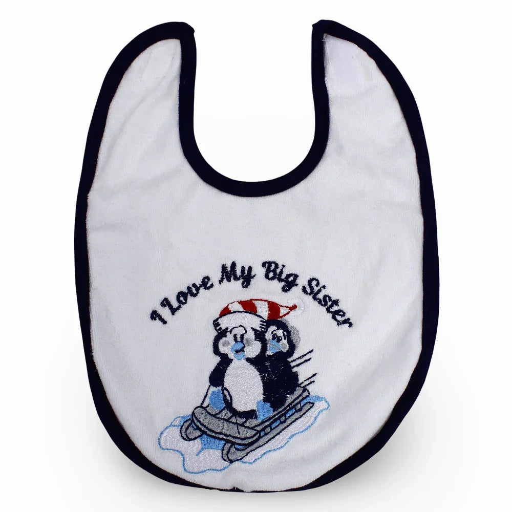 Baby Cotton Bib – Off-White with Cute Skiing Penguin Design