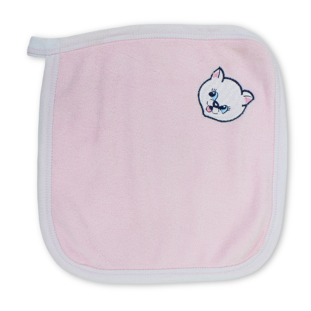Cotton Baby Towel – Pink with Cat Head Embroidery - Baby Essentials - Papillion