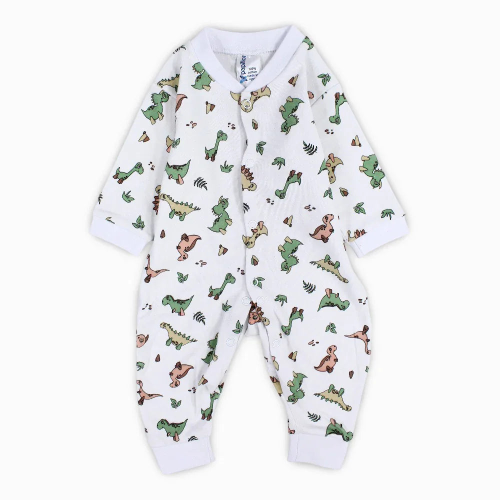 Baby Boys Cotton Footless Onesie – White with Dino Print
