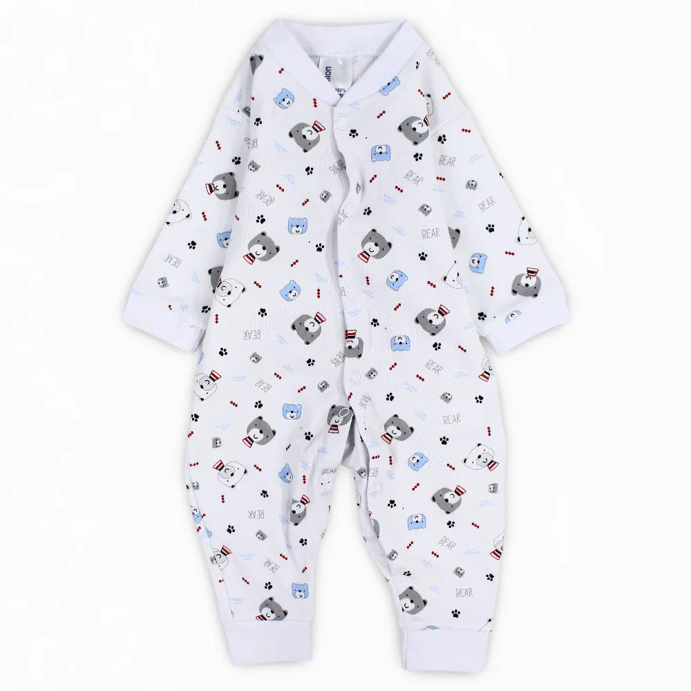 Baby Boys Cotton Footless Onesie – White with Bears Print