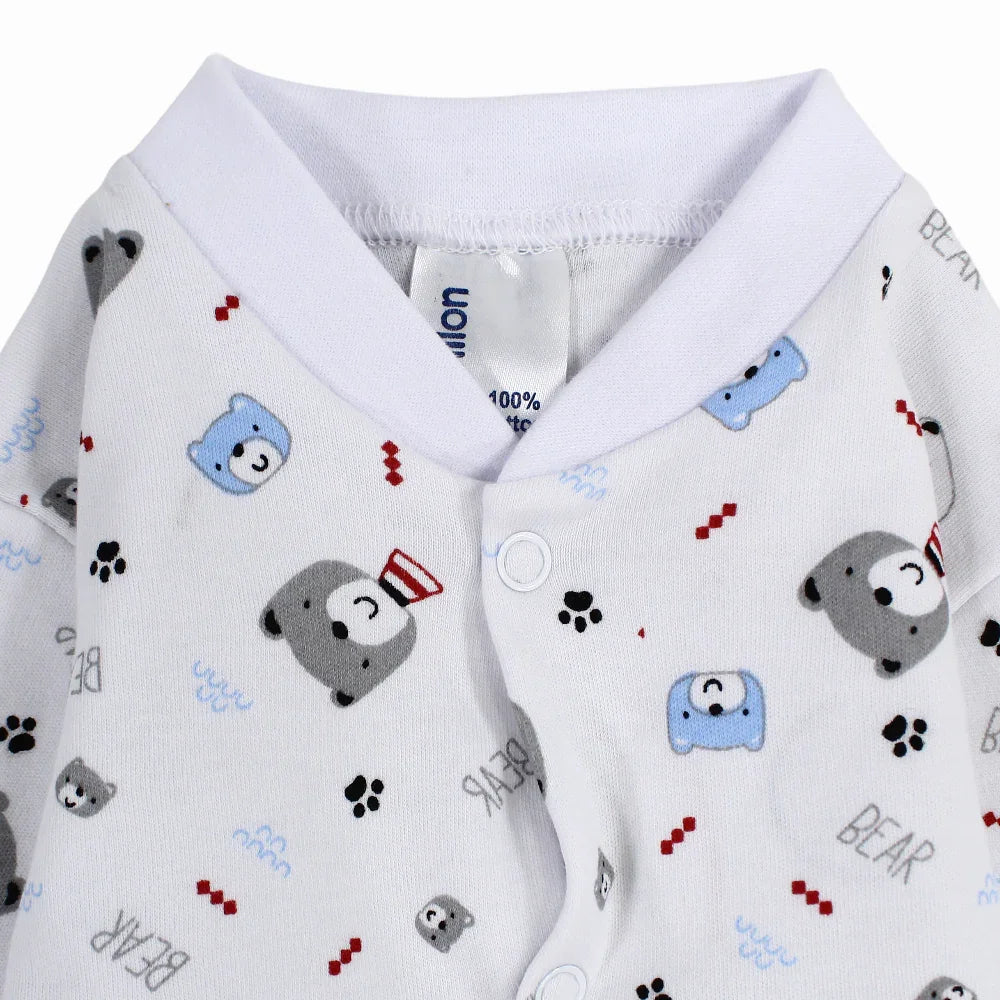 Baby Boys Cotton Footless Onesie – White with Bears Print