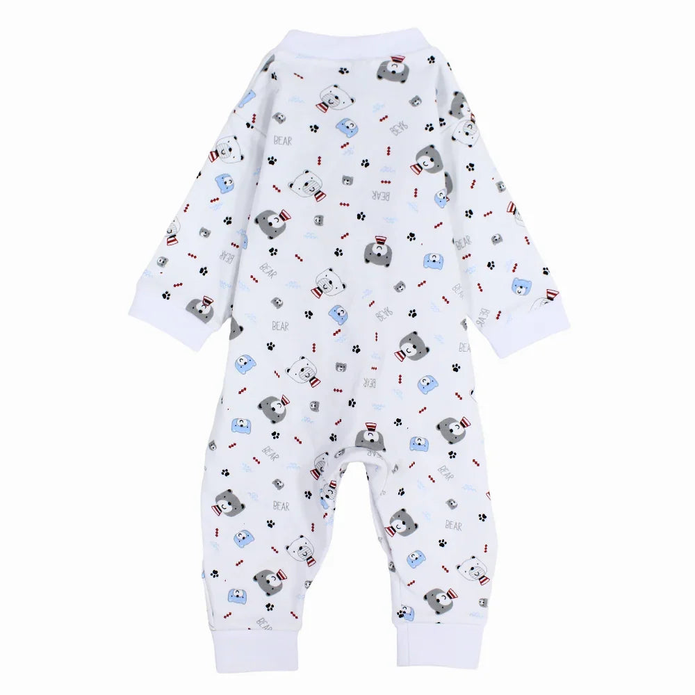 Baby Boys Cotton Footless Onesie – White with Bears Print