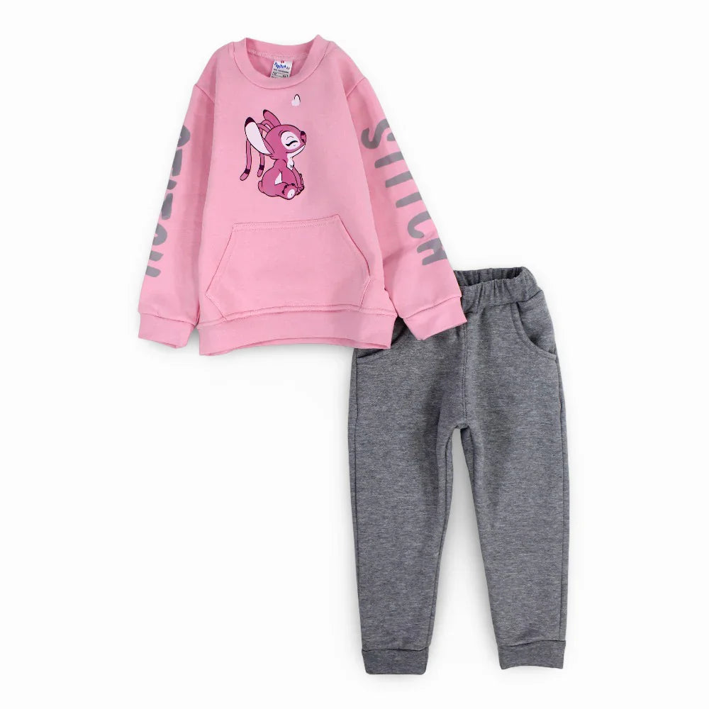 Girls Cotton Long-Sleeved Pajama Set – Stitch Print