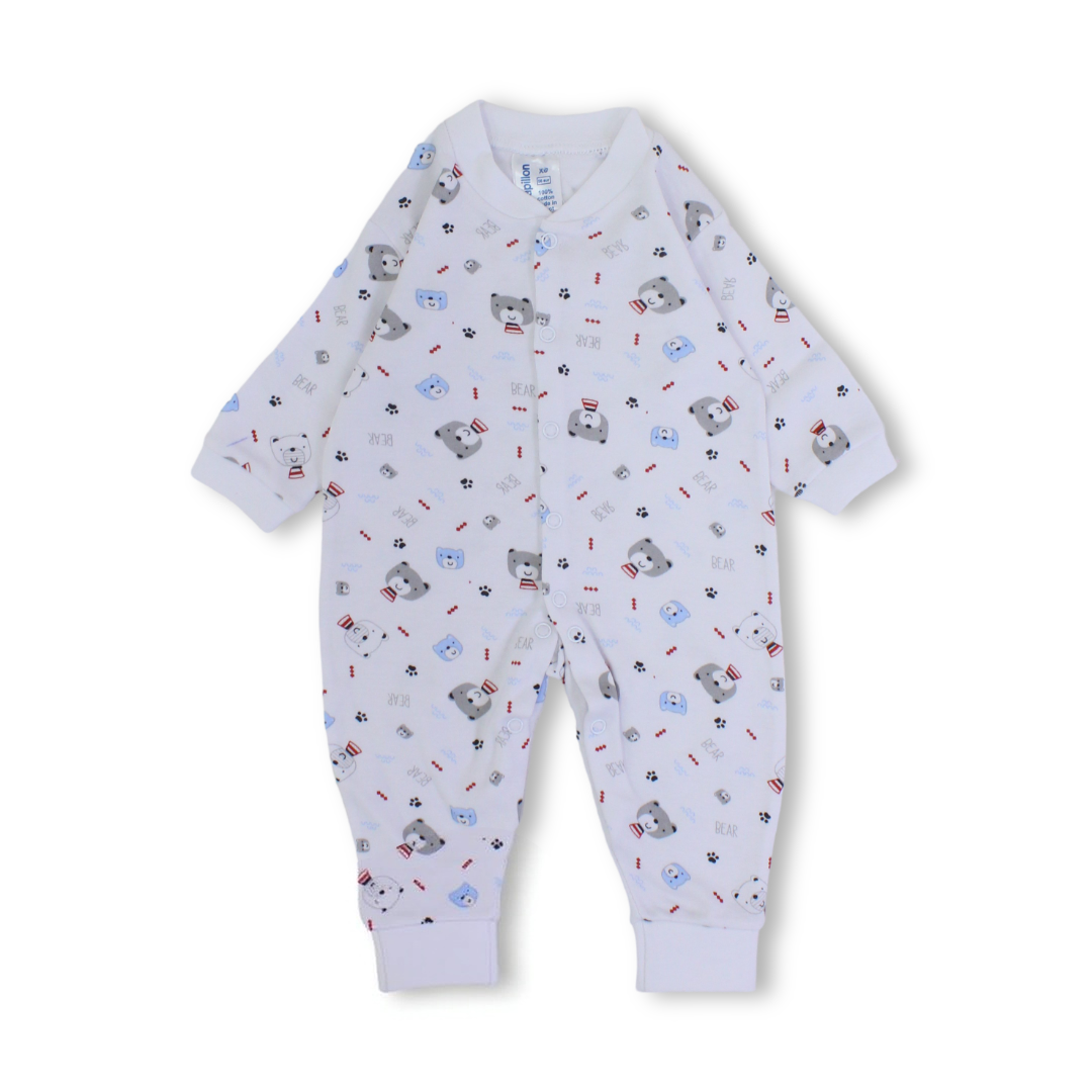 Baby Boys Cotton Footless Onesie – White with Teddy Bear Print
