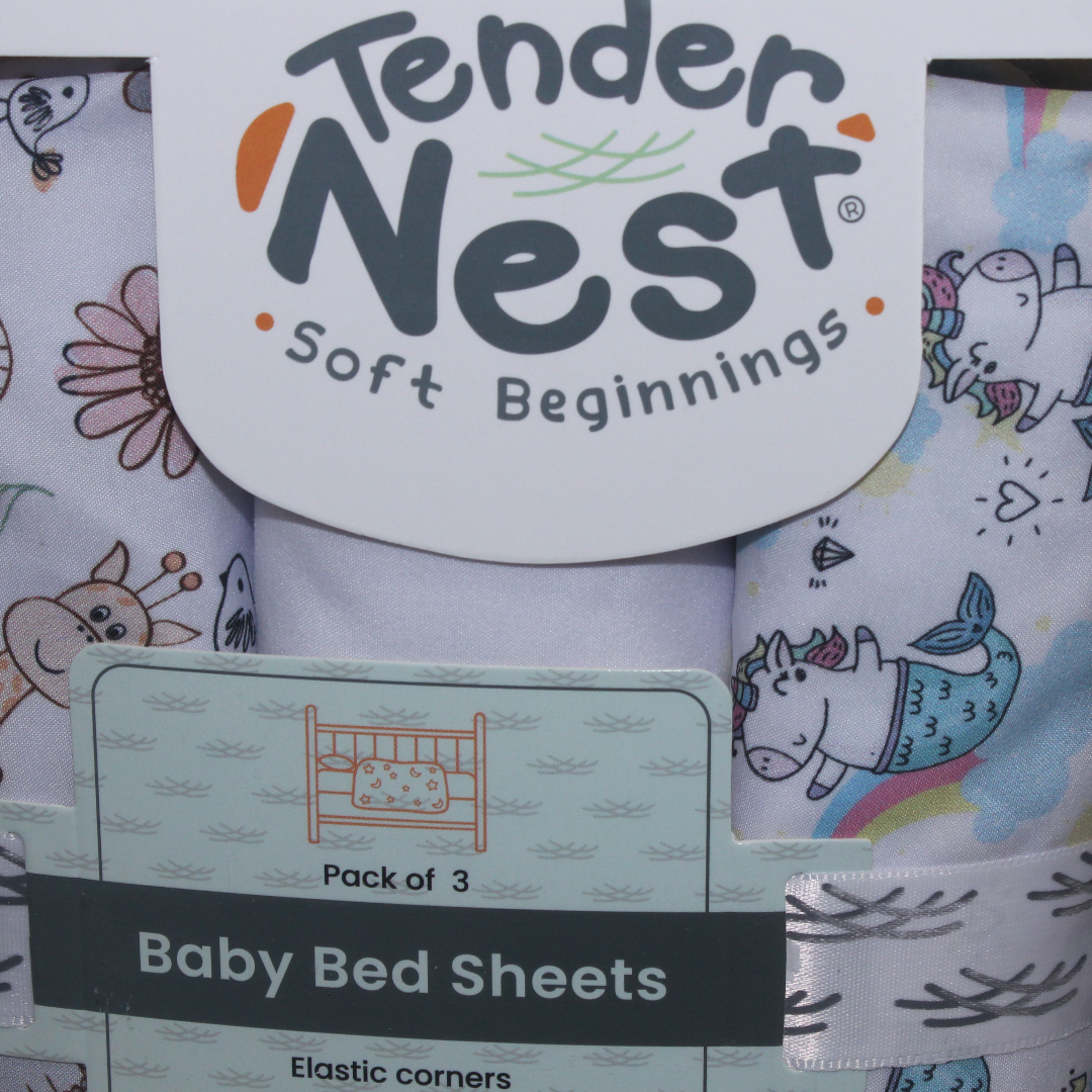 Cotton Baby Bed Sheet Set (3 Pieces) – Unicorn & Elephant Prints (120×60×8 cm)