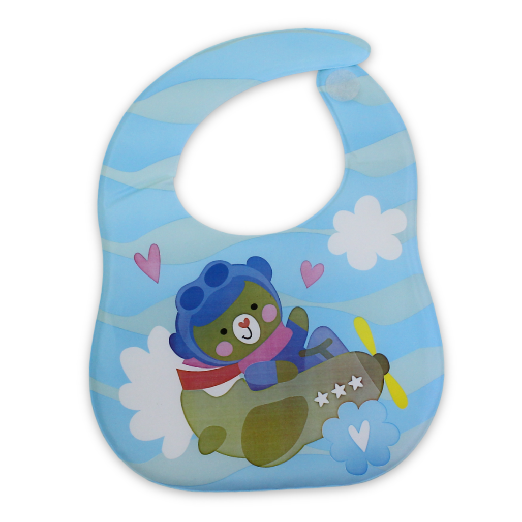 La Frutta Silicone Waterproof Baby Bib – Baby Blue with Airplane Print - Baby Essentials