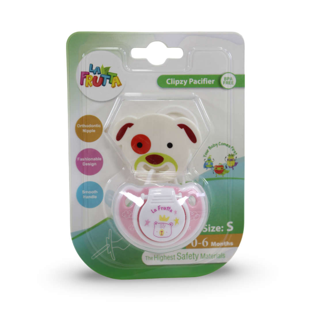 La Frutta Clipzy Pacifier Size S 0-6m – Pink with Dog Print - Baby Essentials