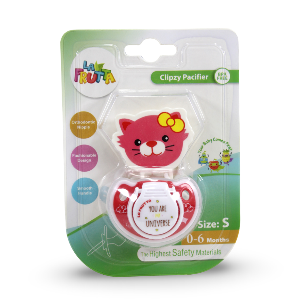 La Frutta Clipzy Pacifier Size S 0-6m – Red with Cat Print - Baby Essentials