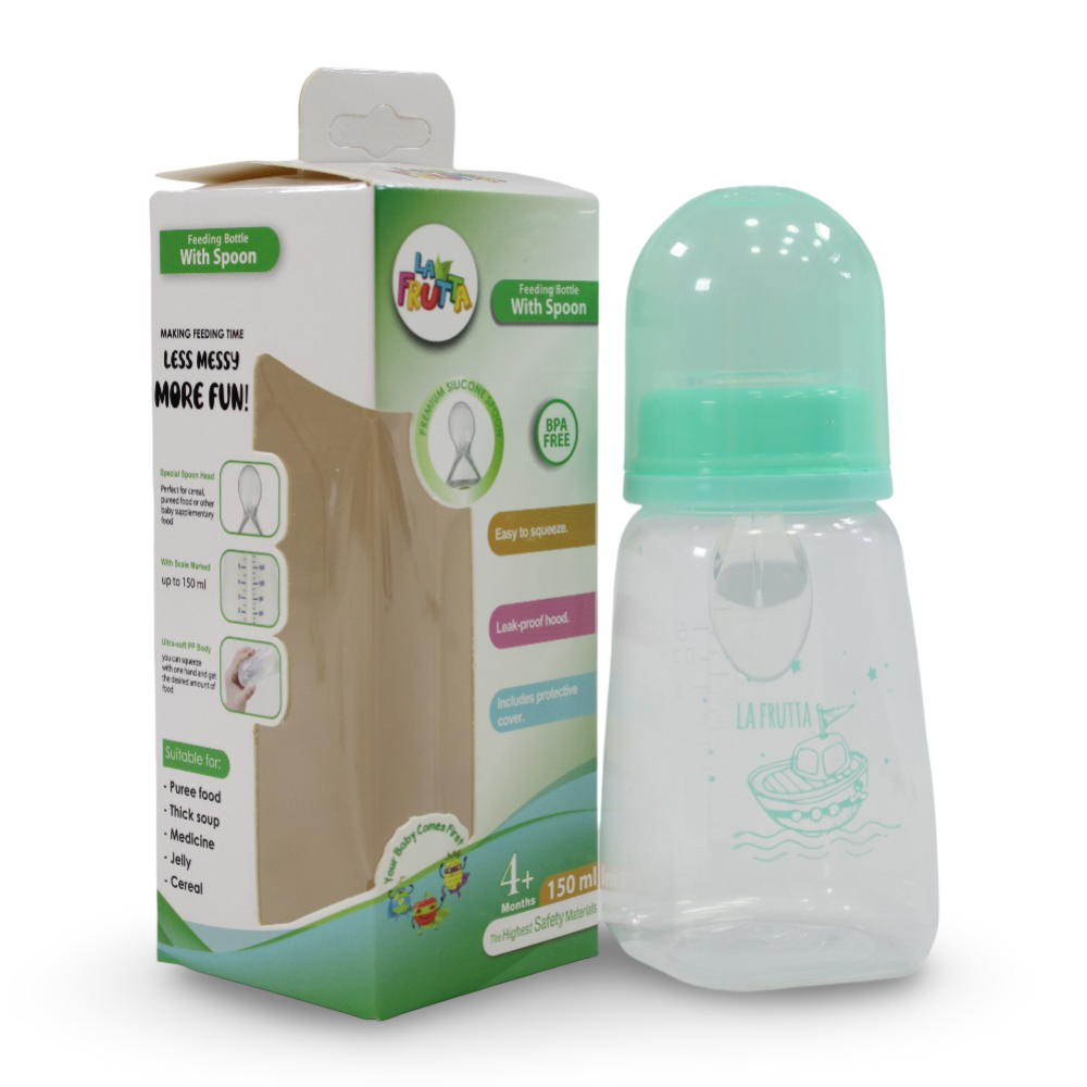 La Frutta Feeding Bottle with Soft Spoon 150ml – Green - Baby Essentials