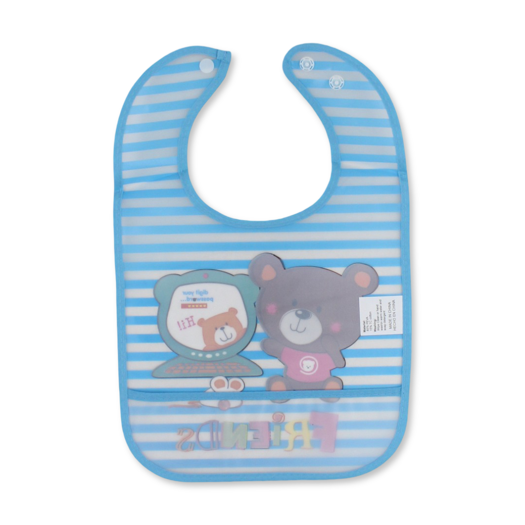 La Frutta PVC Baby Bib with Pocket – Striped Baby Blue with Teddy Bear Print