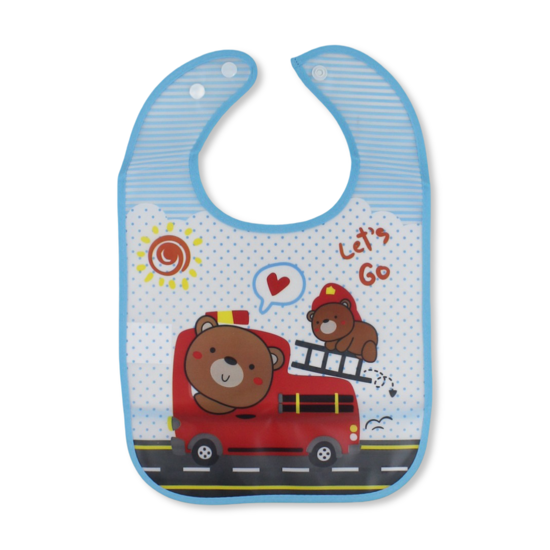 La Frutta PVC Baby Bib with Pocket – Baby Blue with Firefighter Teddy Bear Print