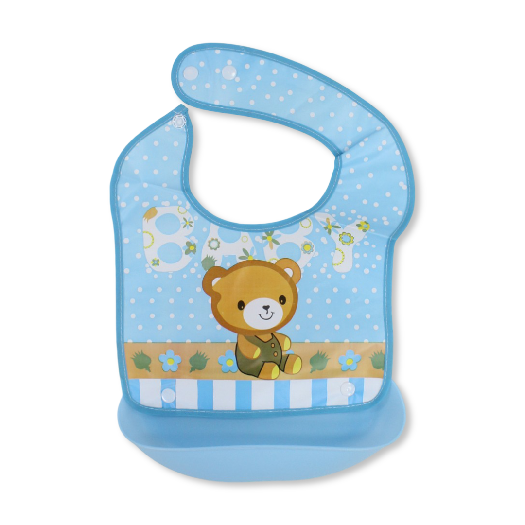 La Frutta Waterproof Silicone Baby Bib with Pocket – Baby Blue with Teddy Bear Print