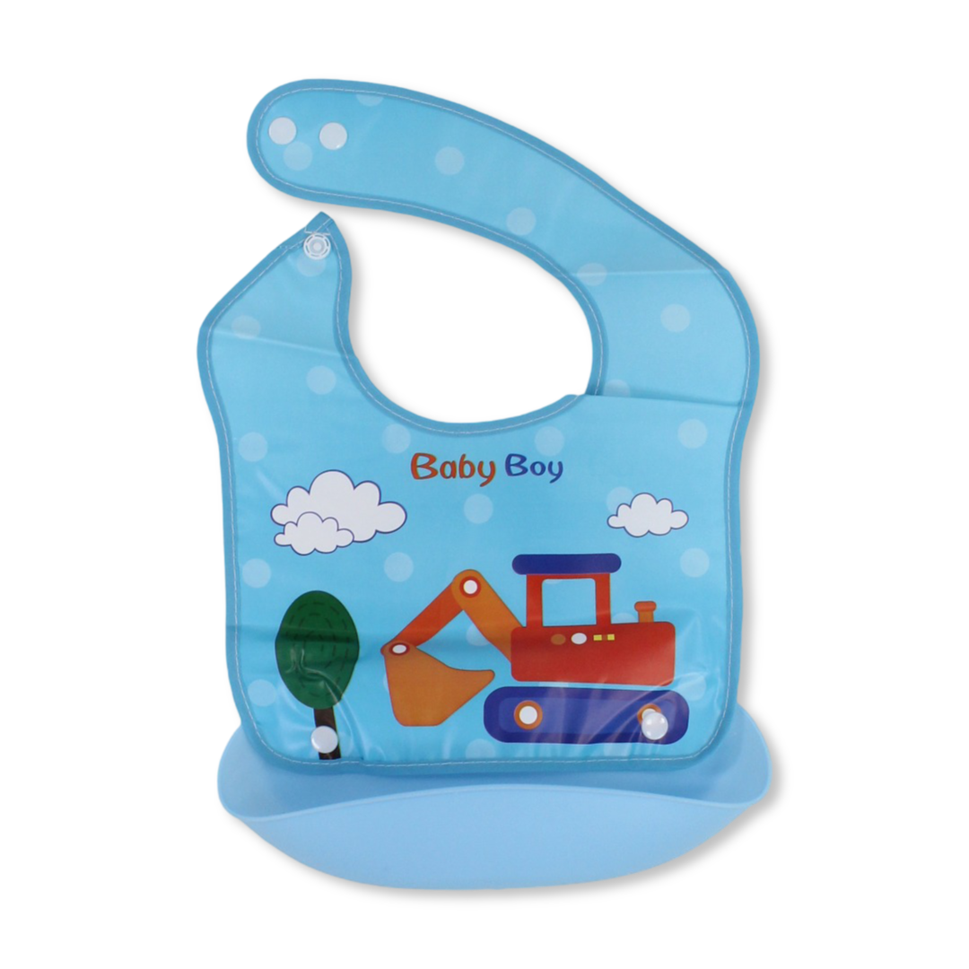 La Frutta Waterproof Silicone Baby Bib with Pocket – Baby Blue with Digger Print