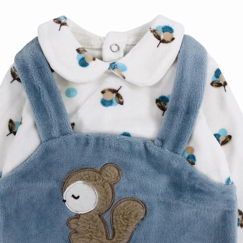 Baby Girls Velvet Sleeveless Onesie with Long-Sleeved Top - Squirrel & Flowers Design