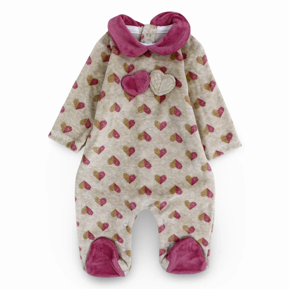 Baby Girls Velvet Baby Footie - Hearts Design