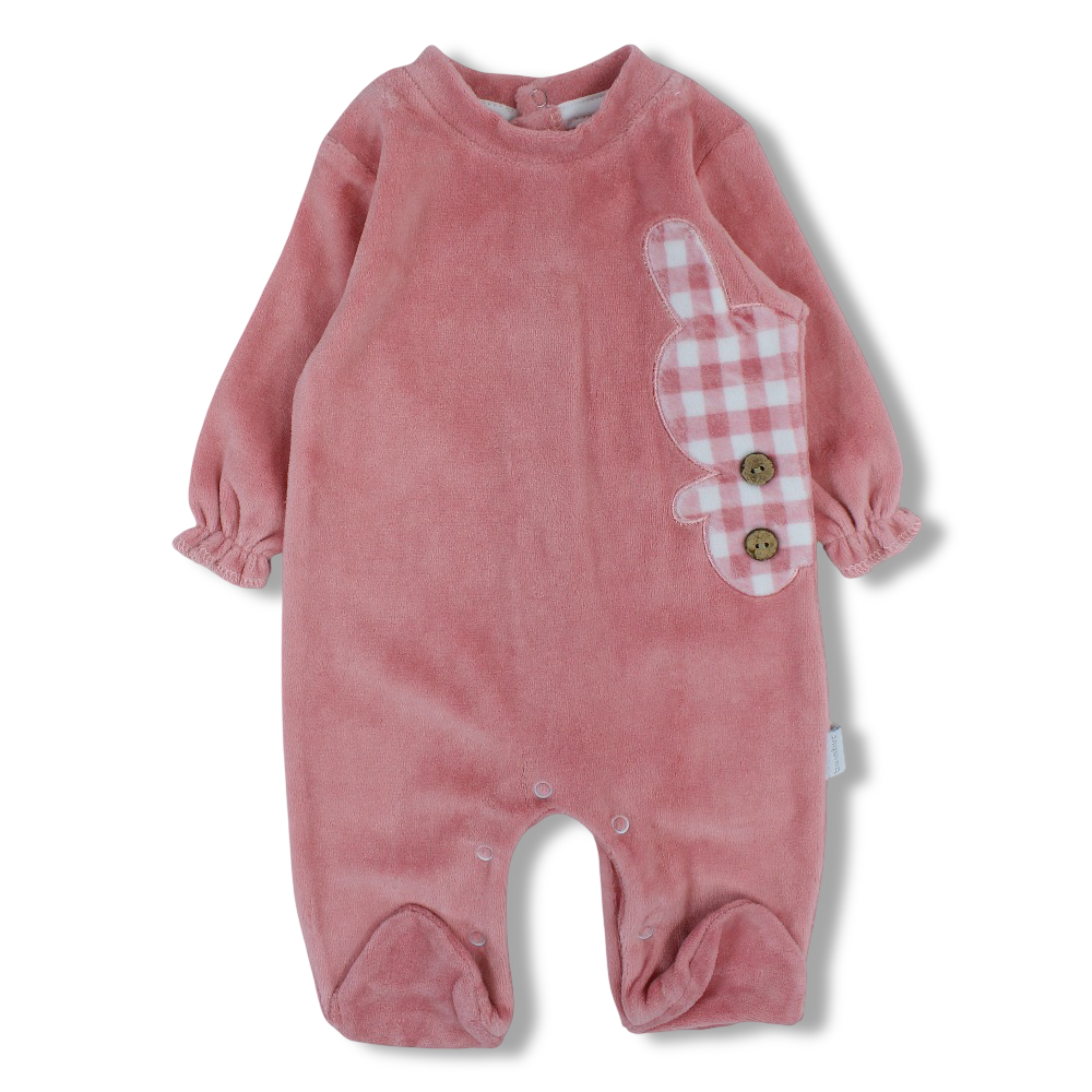 Baby Girls Velvet Baby Footie – Checkered Bunny Design