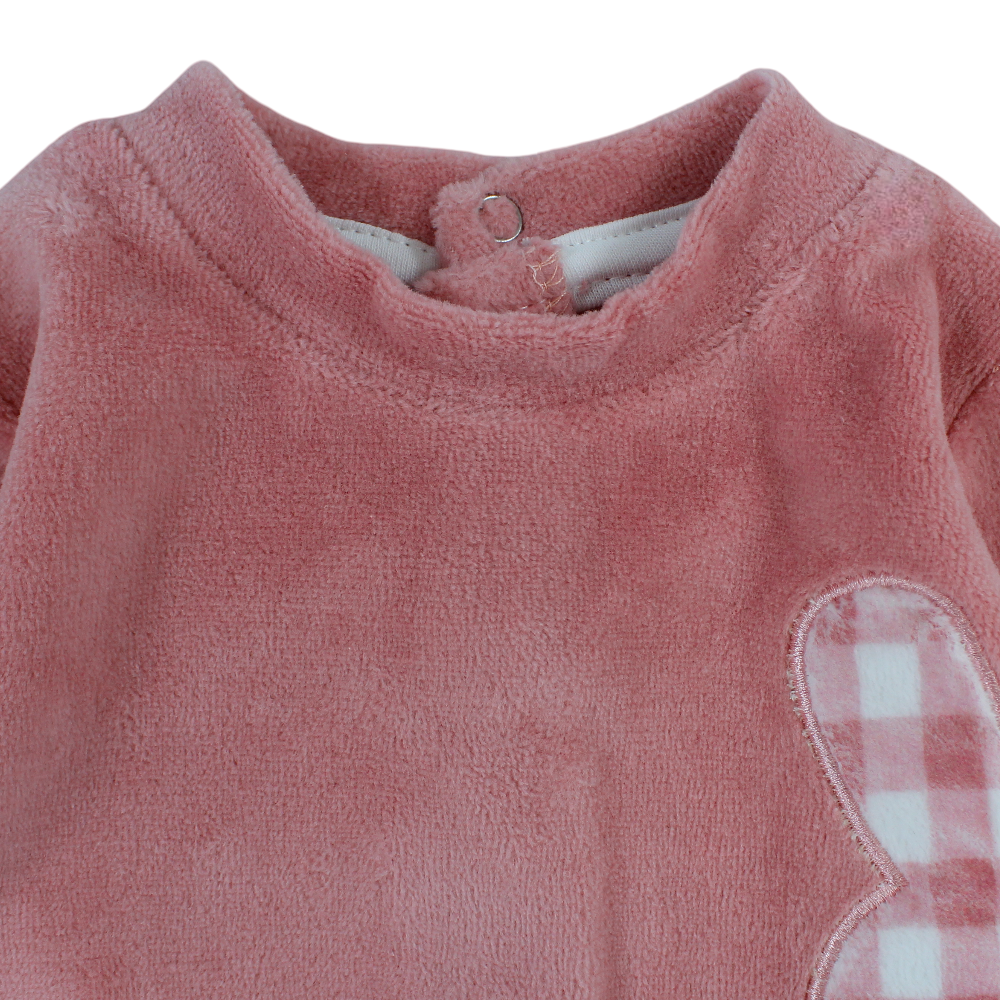 Baby Girls Velvet Baby Footie – Checkered Bunny Design