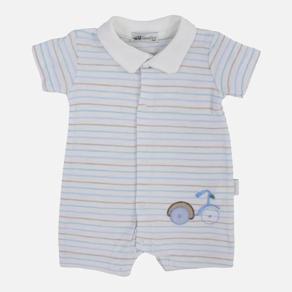Baby Boys Cotton Romper - Striped with Bicycle Print