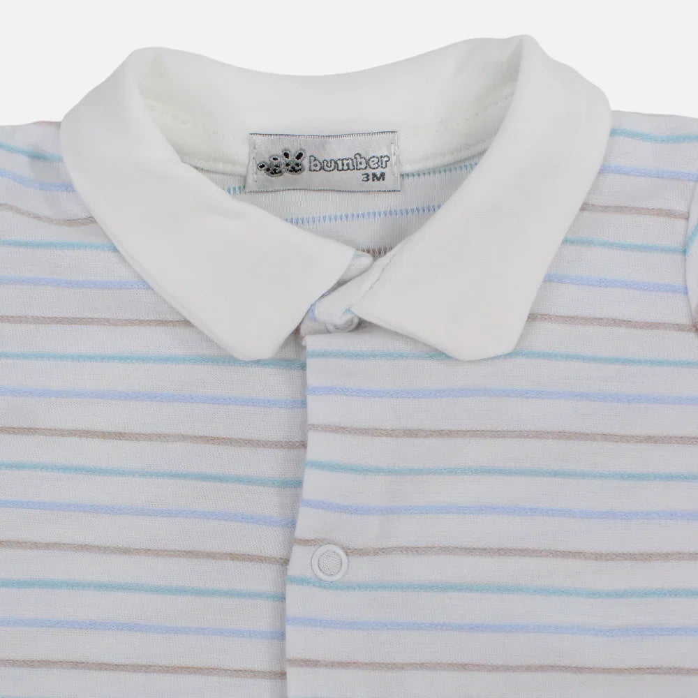 Baby Boys Cotton Romper - Striped with Bicycle Print