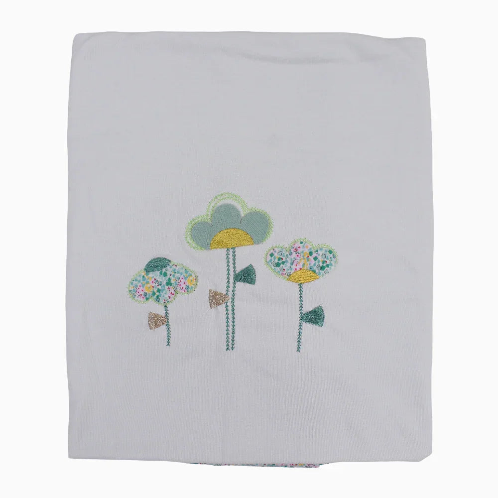 Baby Girls Cotton Blanket – White & Mint with Flower Design
