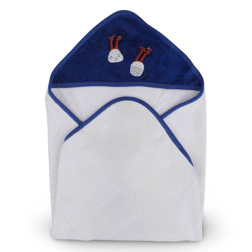 Baby Cotton Hooded Towel - Navy Blue/White with Bee Design
