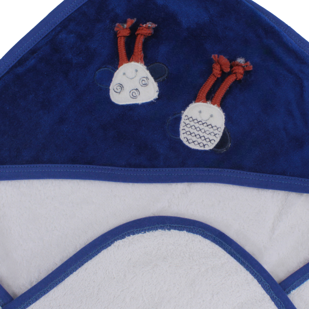 Baby Cotton Hooded Towel - Navy Blue/White with Bee Design
