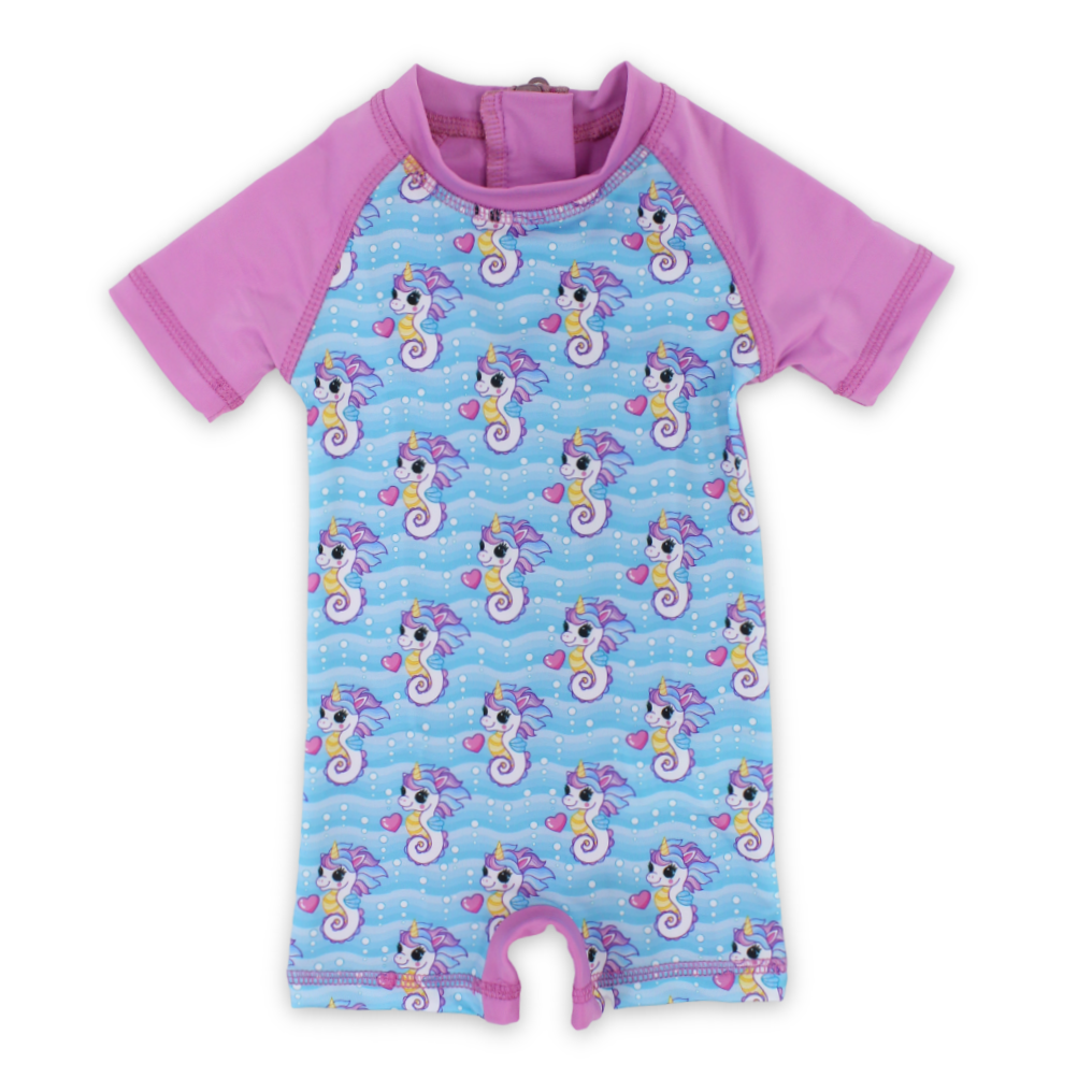 Baby Girls Sunsuit One-Piece – Pink with Sea Horse Print - Clothing - I.Wear