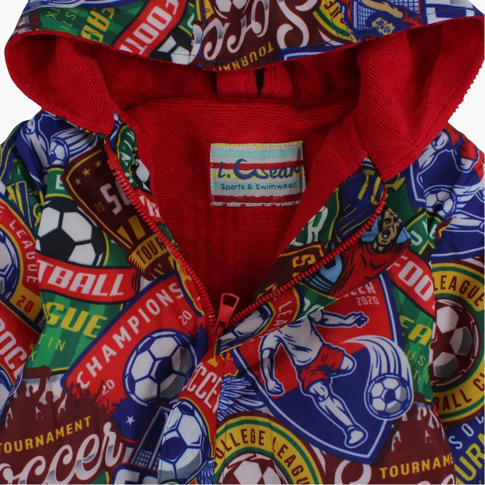 Boys Swim Robe – Blue with Soccer Print