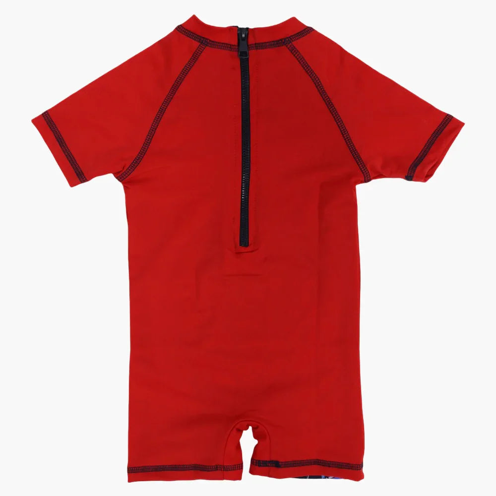 Boys Overall Swimsuit - Red with Super Cars Print
