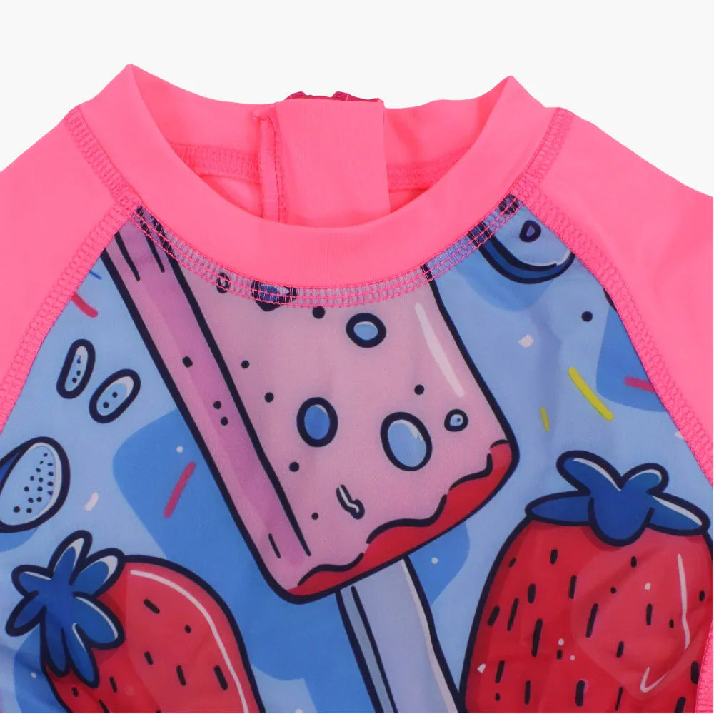 Girls Overall Swimsuit – Pink with Ice Cream Print