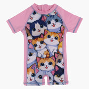 Girls Overall Swimsuit - Pink with Cute Kittens Print