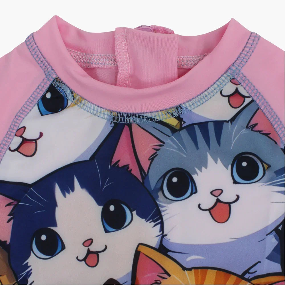 Girls Overall Swimsuit - Pink with Cute Kittens Print