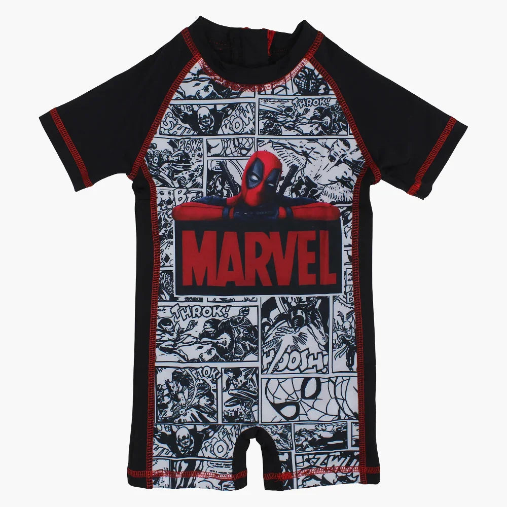 Boys Overall Swimsuit – Black with Marvel Print