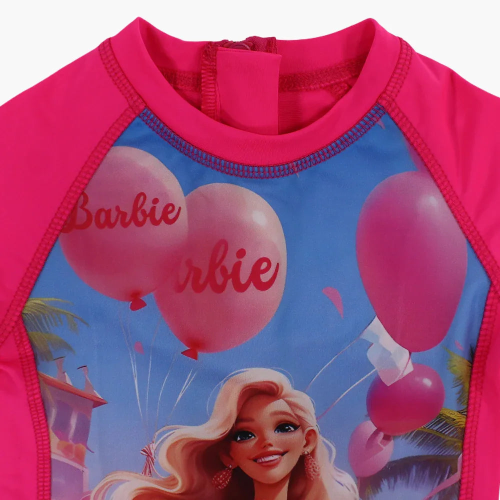 Girls Overall Swimsuit – Fuchsia with Barbie Print