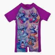 Girls Overall Swimsuit – Purple with Stitch Print