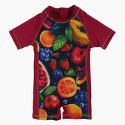 Girls Overall Swimsuit – Maroon with Fruit Print