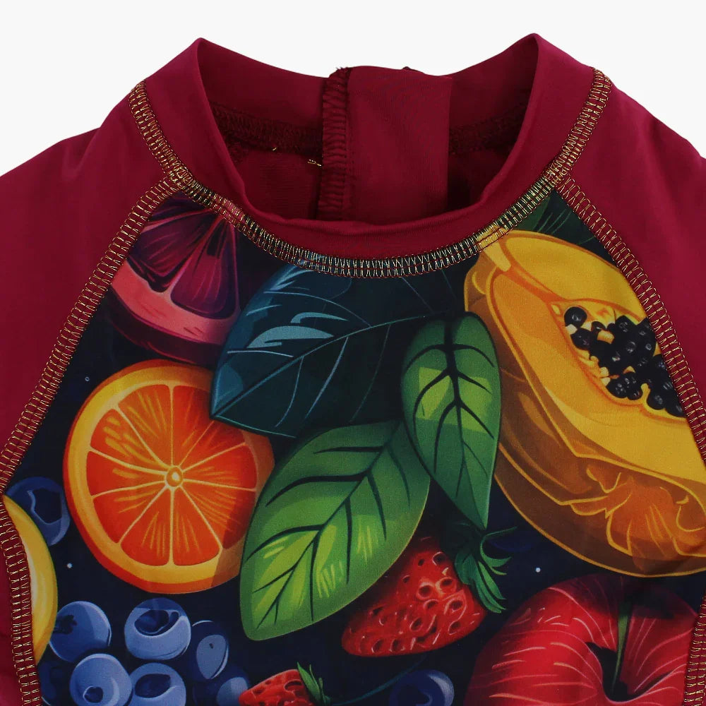 Girls Overall Swimsuit – Maroon with Fruit Print