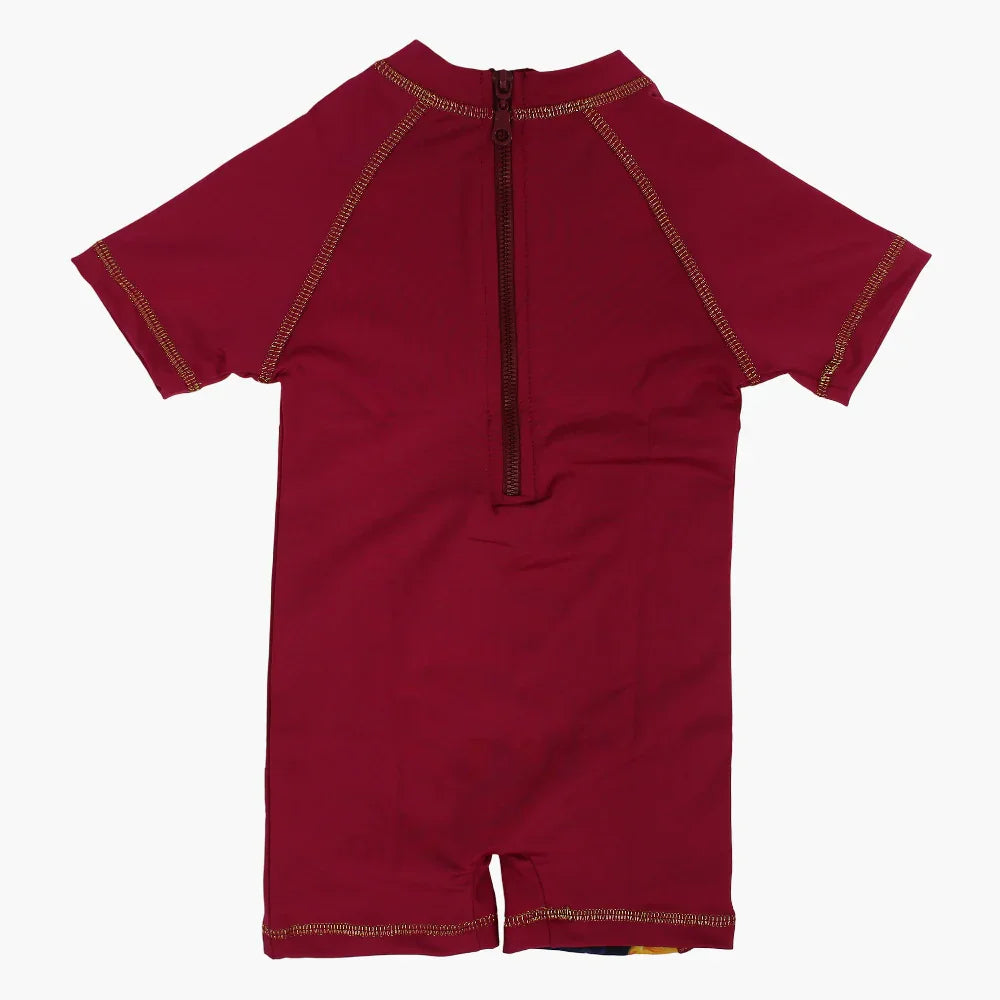 Girls Overall Swimsuit – Maroon with Fruit Print