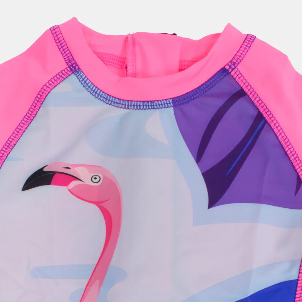 Girls Overall Swimsuit – Fuchsia with Swan Print